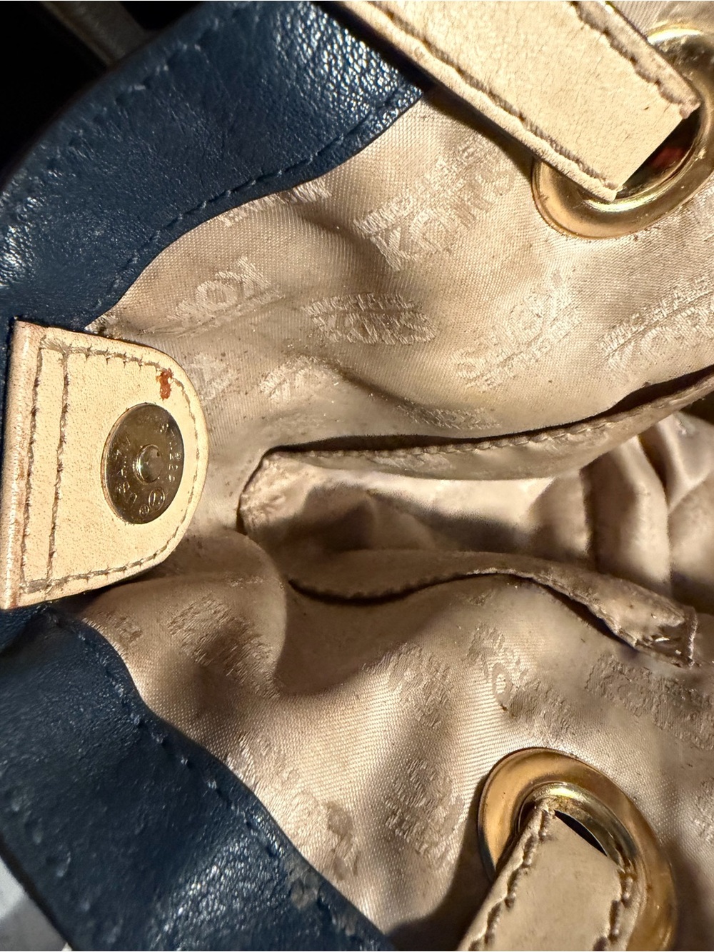 Michael Kors Navy Leather Tote with Tan Straps and Gold MK Charm - Picture 6 of 8